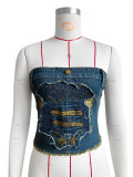 Embroidered Print Denim Wrap Chest Top CH-88017