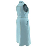 Plus Size Sleeveless Lapel Tie Up Denim Maxi Dress GDAM-218502