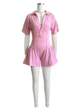 Solid Color Lapel Short Sleeve Romper CH-24101
