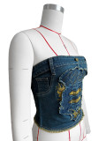 Embroidered Print Denim Wrap Chest Top CH-88017