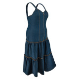 Plus Size Sleeveless Sling Zipper Denim Long Dress GDAM-218500