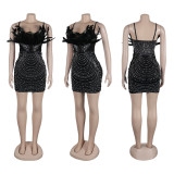 Hot Drill Feather Splicing Sling Mini Dress NY-3159