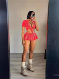 Short Sleeve Tie Up Crop Tops Skirt Suit(With Safety Pants) TK-6325