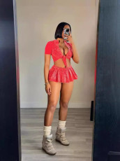 Short Sleeve Tie Up Crop Tops Skirt Suit(With Safety Pants) TK-6325