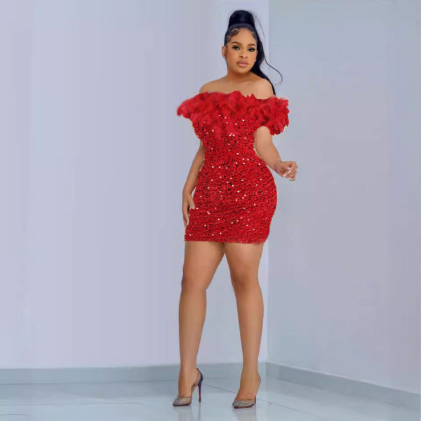 Sequin Feather Splicing Tube Tops Dress NY-3176