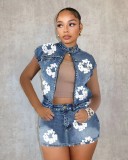 Fashion Print Denim Sleeveless Zipper Jacket Skirt Suit TK-6322