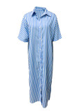 Stripe Loose Split Short Sleeve Long Shirt Dress LSD-2078
