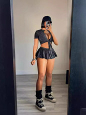 Short Sleeve Tie Up Crop Tops Skirt Suit(With Safety Pants) TK-6325