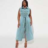 Plus Size Sleeveless Lapel Tie Up Denim Maxi Dress GDAM-218502