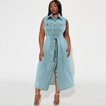 Plus Size Sleeveless Lapel Tie Up Denim Maxi Dress GDAM-218502