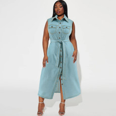Plus Size Sleeveless Lapel Tie Up Denim Maxi Dress GDAM-218502