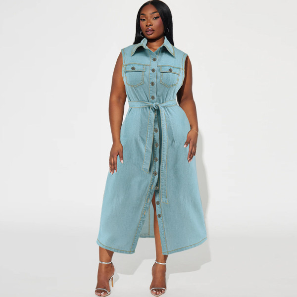 Plus Size Sleeveless Lapel Tie Up Denim Maxi Dress GDAM-218502