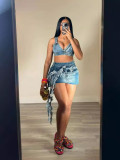 Fashion Sling Denim Vest Tassel Skirt Suit TK-6320
