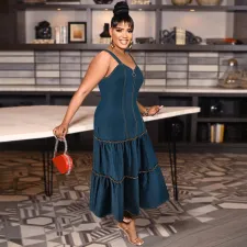 Plus Size Sleeveless Sling Zipper Denim Long Dress GDAM-218500