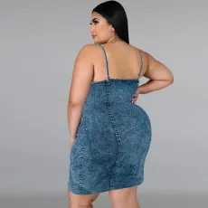 Plus Size Sleeveless Sling Demim Mini Dress GDAM-218399