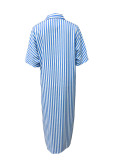 Stripe Loose Split Short Sleeve Long Shirt Dress LSD-2078