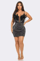 Hot Drill Feather Splicing Sling Mini Dress NY-3159