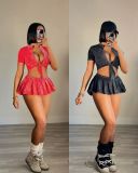 Short Sleeve Tie Up Crop Tops Skirt Suit(With Safety Pants) TK-6325