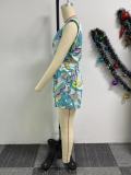Print V Neck Pleated Loose Two Piece Shorts Set NY-10788