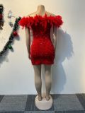 Sequin Feather Splicing Tube Tops Dress NY-3176