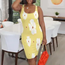 Plus Size Sleeveless Print Tie Up Midi Dress YMT-6451