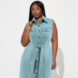 Plus Size Sleeveless Lapel Tie Up Denim Maxi Dress GDAM-218502
