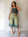 Embroidered Print Denim Wrap Chest Top CH-88017
