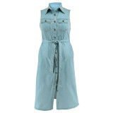 Plus Size Sleeveless Lapel Tie Up Denim Maxi Dress GDAM-218502