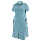 Plus Size Single Breasted Short Sleeve Denim Midi Dress GDAM-218503