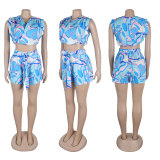 Print V Neck Pleated Loose Two Piece Shorts Set NY-10788