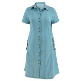 Plus Size Single Breasted Short Sleeve Denim Midi Dress GDAM-218503
