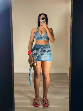 Fashion Sling Denim Vest Tassel Skirt Suit TK-6320