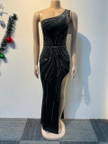 Hot Drill Slash Shoulder Split Maxi Dress NY-3199