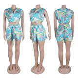 Print V Neck Pleated Loose Two Piece Shorts Set NY-10788