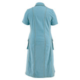 Plus Size Single Breasted Short Sleeve Denim Midi Dress GDAM-218503