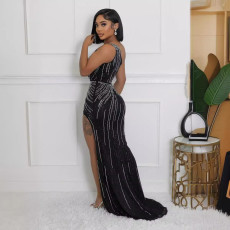 Hot Drill Slash Shoulder Split Maxi Dress NY-3199