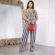 Stripe Print Sleeveless Blazer Collar Wide Leg Pants 2 Piece Set OM-1789