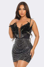 Hot Drill Feather Splicing Sling Mini Dress NY-3159