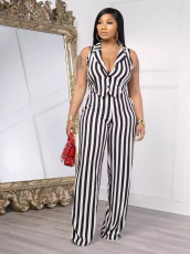 Stripe Print Sleeveless Blazer Collar Wide Leg Pants 2 Piece Set OM-1789