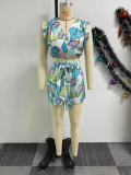 Print V Neck Pleated Loose Two Piece Shorts Set NY-10788
