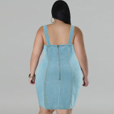 Plus Size Denim Sling Tassel Sleeveless Mini Dress GDAM-218505