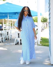 Stripe Loose Split Short Sleeve Long Shirt Dress LSD-2078