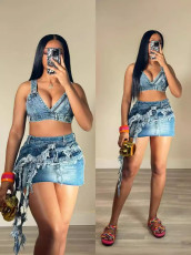 Fashion Sling Denim Vest Tassel Skirt Suit TK-6320