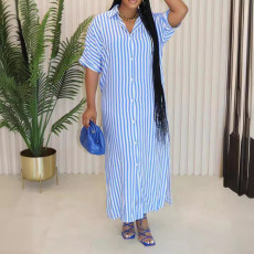 Stripe Loose Split Short Sleeve Long Shirt Dress LSD-2078