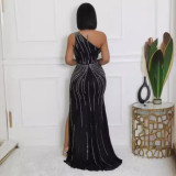 Hot Drill Slash Shoulder Split Maxi Dress NY-3199