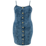 Plus Size Sleeveless Sling Demim Mini Dress GDAM-218399