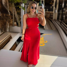 Solid Color Sling Split Backless Maxi Dress NY-10790