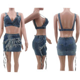 Fashion Sling Denim Vest Tassel Skirt Suit TK-6320