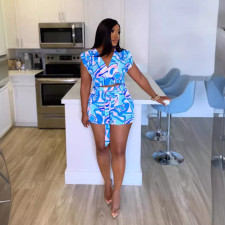 Print V Neck Pleated Loose Two Piece Shorts Set NY-10788