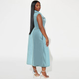 Plus Size Sleeveless Lapel Tie Up Denim Maxi Dress GDAM-218502